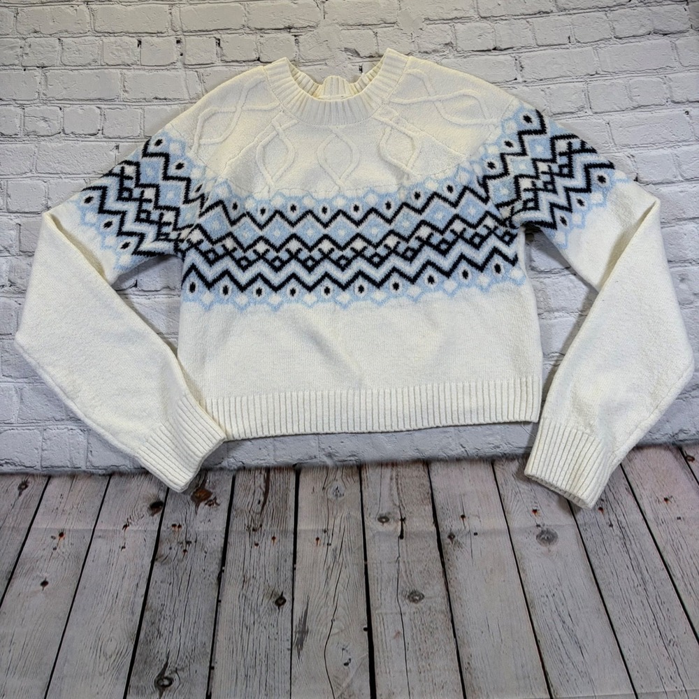 No Boundaries Womens Fair Isle Knit Sweater Cream Blue Black Small 4-6 S24